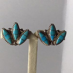 Vintage Native American Turquoise Inlay Sterling Silver Earrings Clip-on